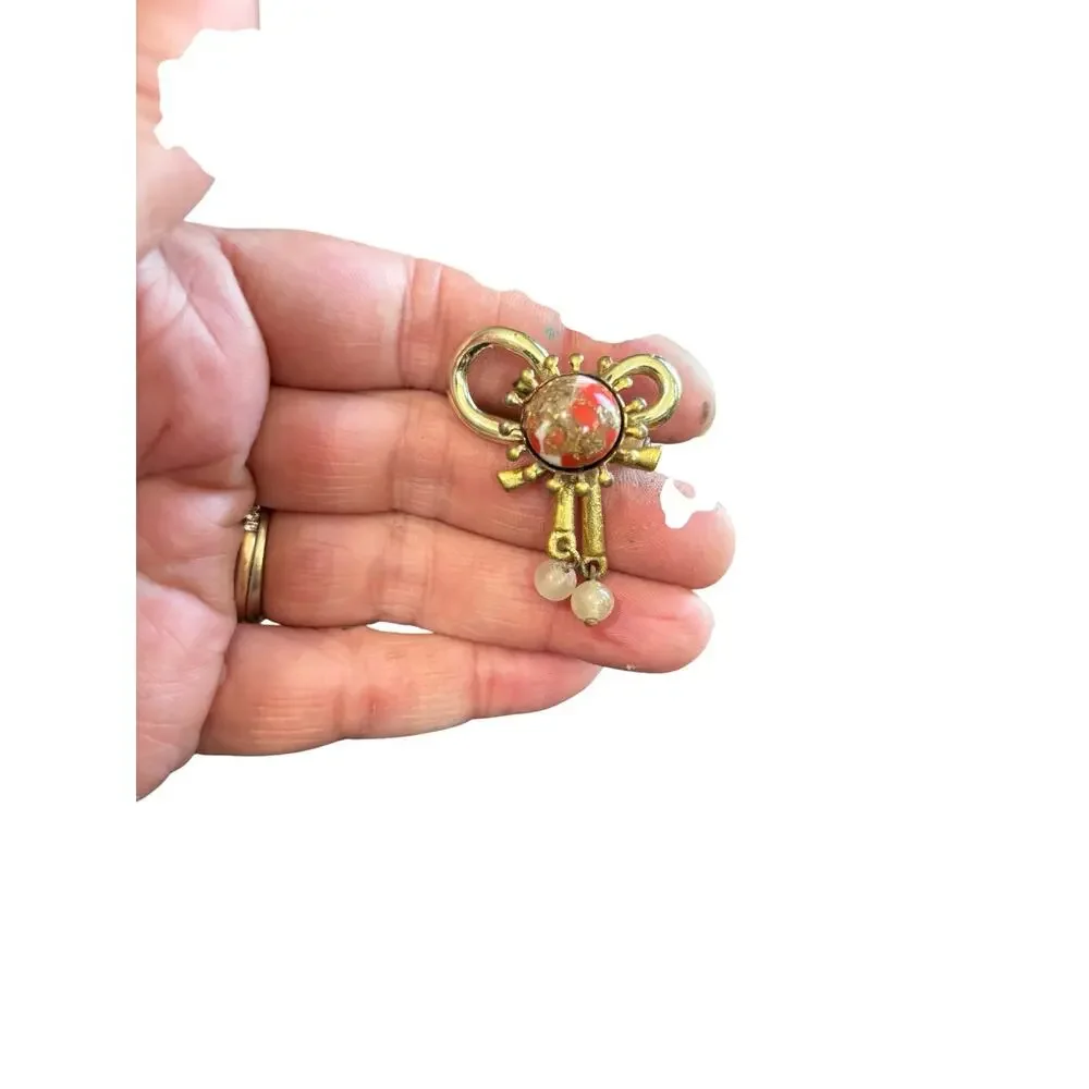 50s Atomic Bow Brooch Confetti Art Glass Faux Pearl Dangle Mid Century